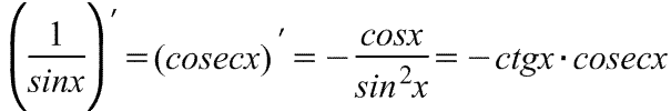Формула производной косеканса.Таблица производных тригономентрических функций. Таблица производных